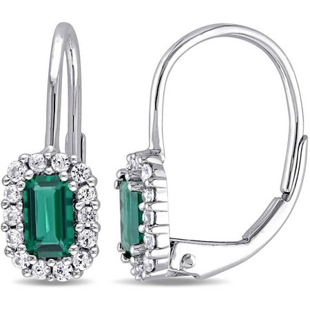 Tangelo 7/8 Carat T.G.W. Octagon-Cut Created Emerald and White Sapphire 10kt White Gold Leverback Halo Earrings