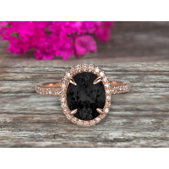 10k Rose Gold 2 Carat Black Diamond Moissanite Halo Engagement Ring Oval Cut Anniversary Ring Art Deco
