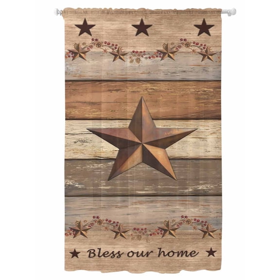 Sheer Curtains 108 Inches Long, Western Texas Star Retro Semi Sheer Curtains Light Filtering Window Treatment, Vintage Farmhouse Berry Brown Wood Privacy Voile Drapes for Living Room 52x108 Inch