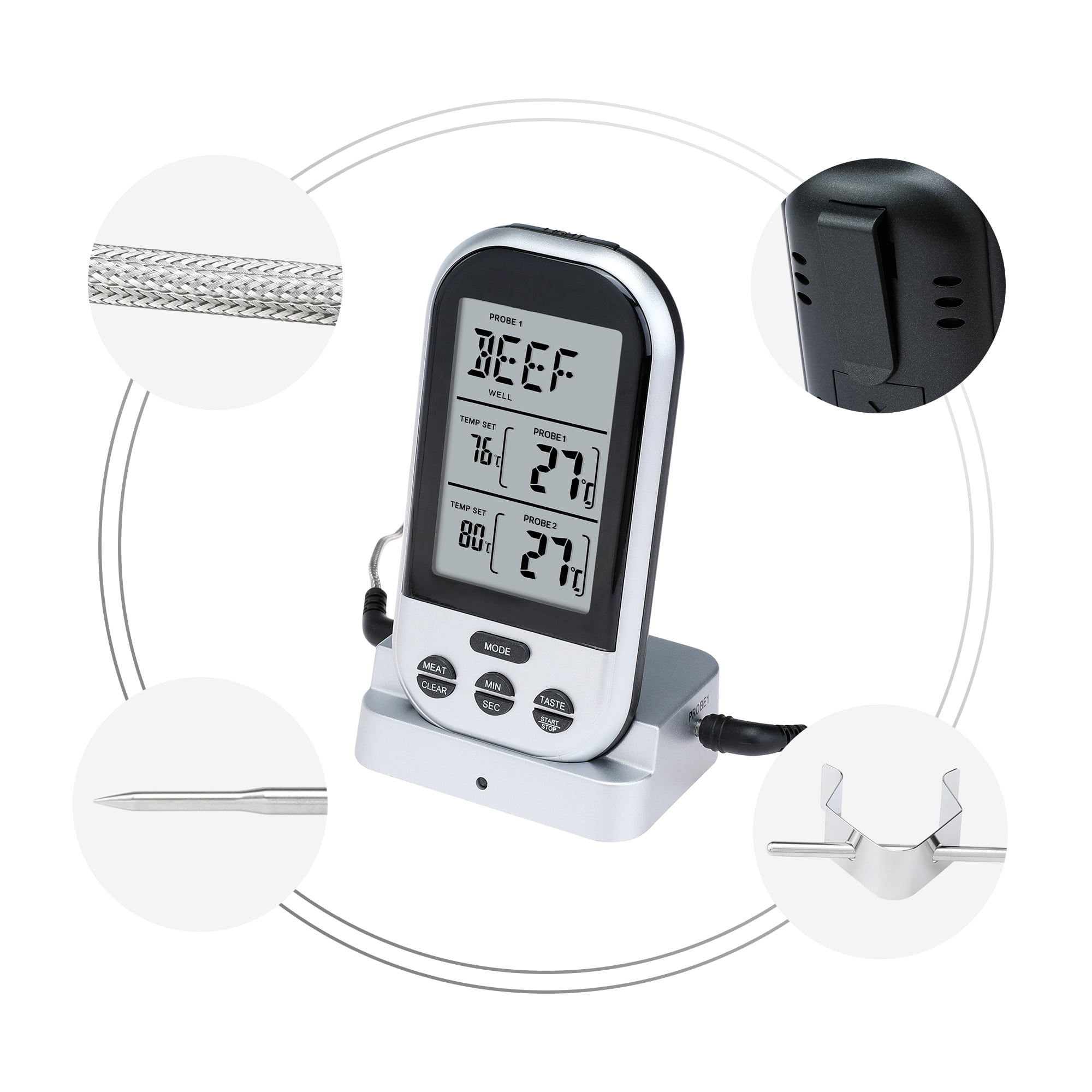 Unique Bargians Wireless Meat Thermometer Instant Read Food Thermometer Silver