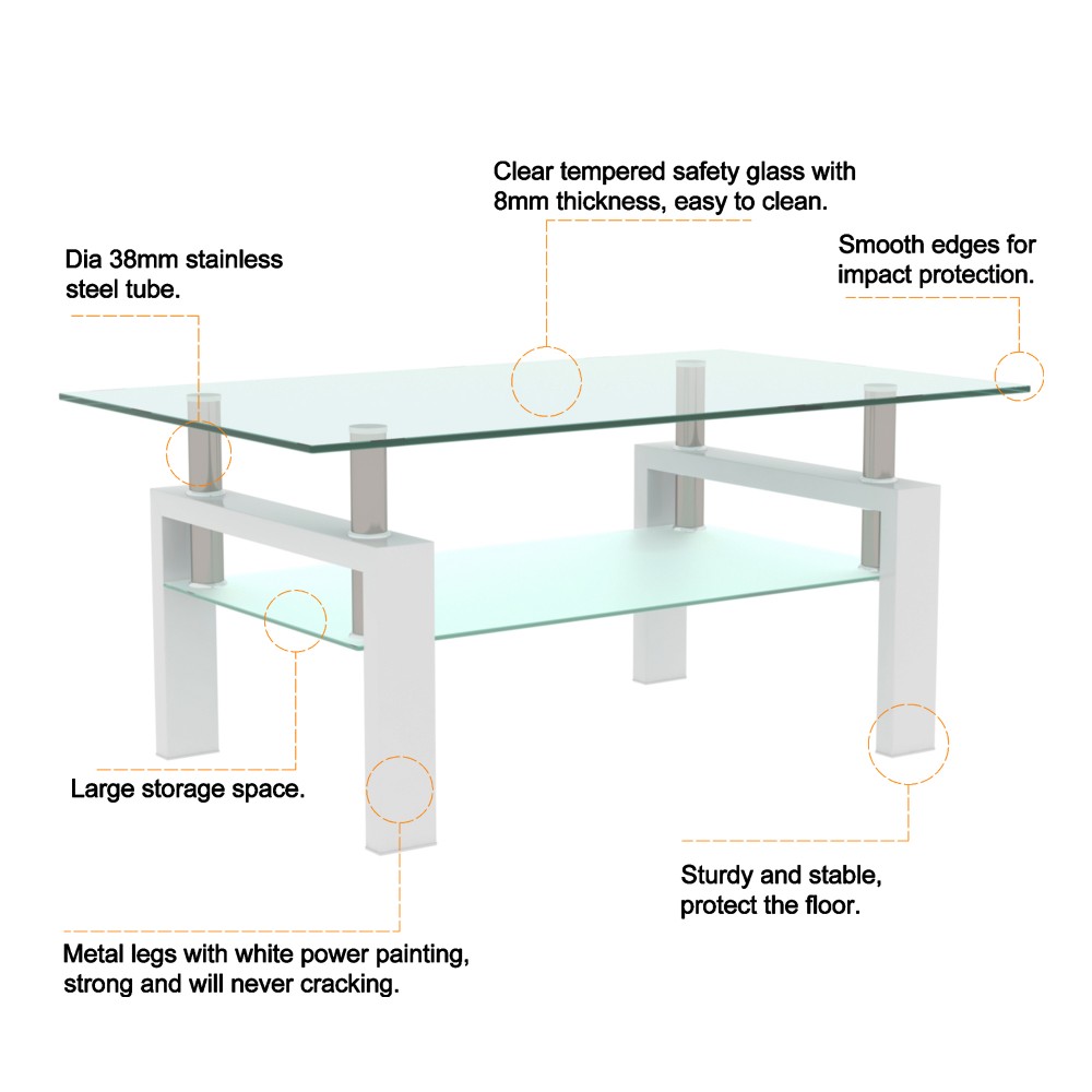 38.6" Rectangle Glass Coffee Table, Clear 2-Tier Center Table with White Iron Frame, Modern Side Table for Living Room, Office, Apartment, 220 lbs Capacity