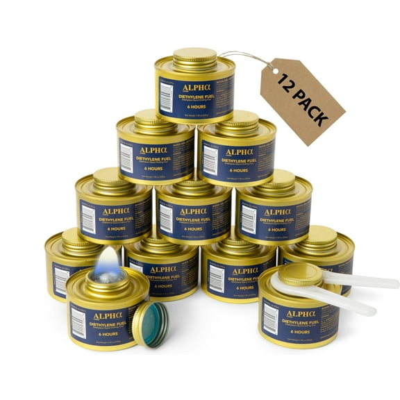 ALPHA LIVING 6 Hour Chafing Fuel - 6 Hour Chafing Fuel - Liquid Safe Fuel with Wick & Lid Opener for Chafing Dish Gold Canister for Lux Events (12 Pack)