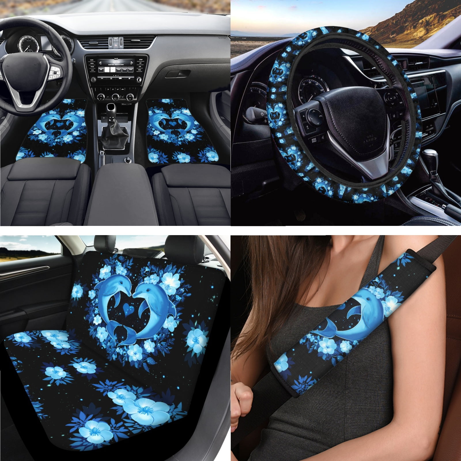 Jeiento Blue Dolphin Car Seat Cover Full Set for Men Woman Car Floor Mats Steering Wheel Cover Keychains Seatbelt Pad Armrest Cover Cup Coasters Lipstick Holder Interior Auto Accessory 17pcs