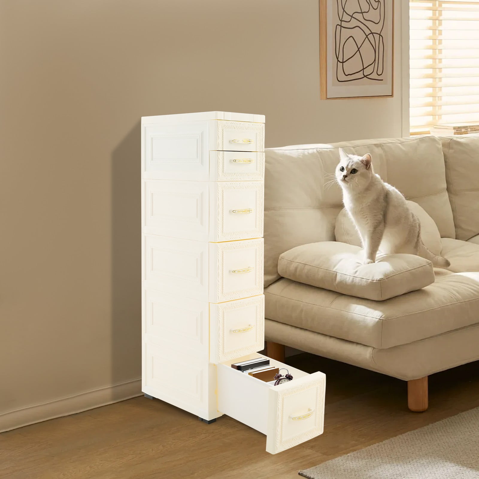 5 Tiers White PP Narrow Storage Organizer 6 Drawers Slim Bathroom Storage Cabinet for Bedroom, Bathroom