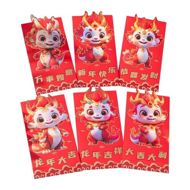 Paquete de 6 sobres rojos para el año Nuevo Lunar del Dragón Chino Hong Bao 2024 Paquetes rojos del año del Dragón para suministros de fiesta Aniversa Estilo E
