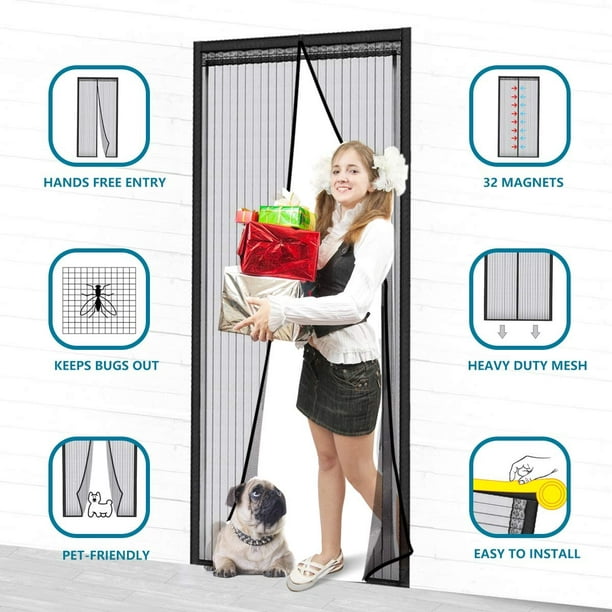 Porte moustiquaire magnétique avec rideau en maille robuste à 32 aimants,  convient aux portes jusqu'à 39 x 82, moustiquaire de porte pour chiens et  animaux de compagnie, noire 