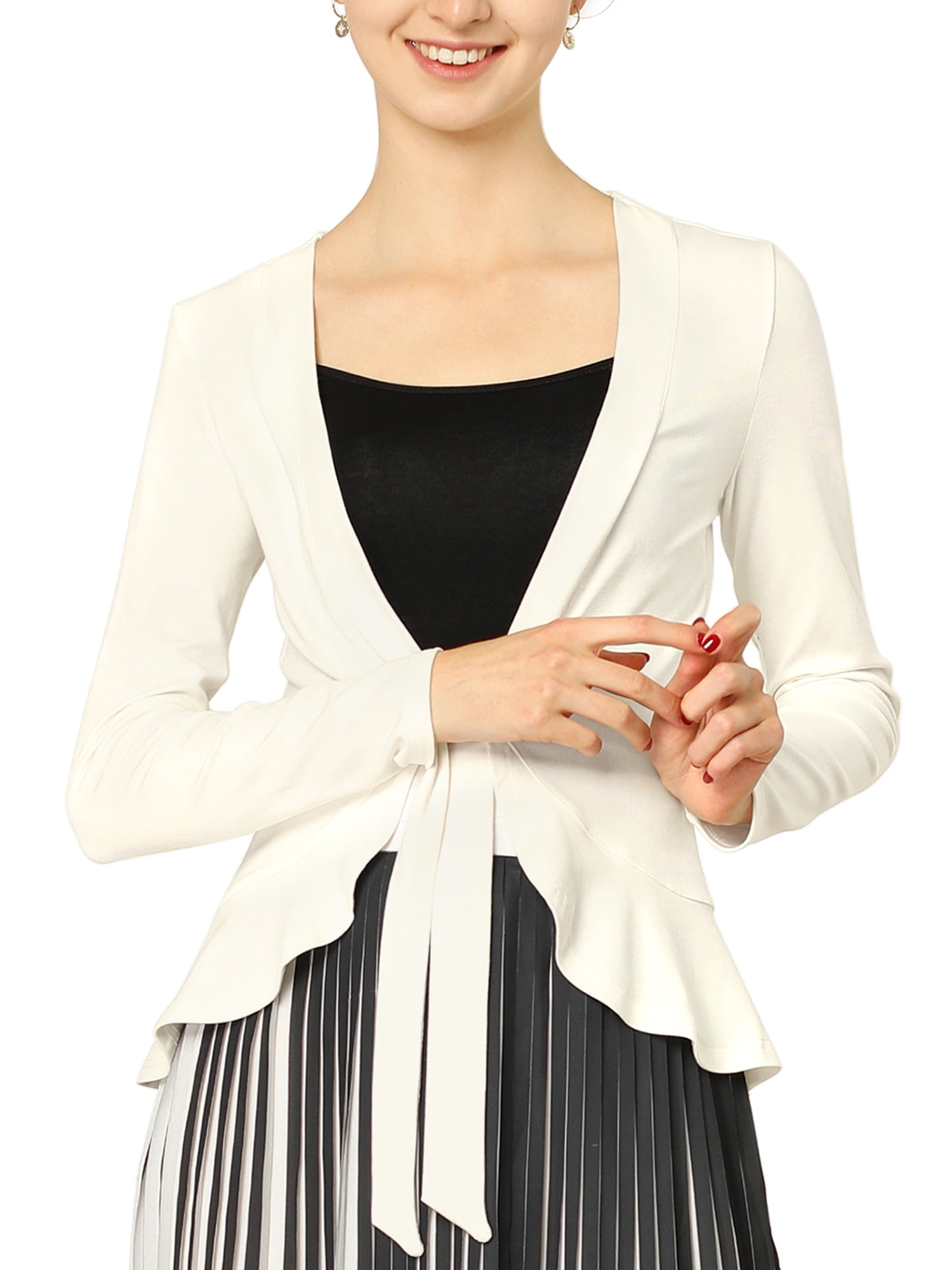 DARING DIVA Women's Tie Front Ruffled Hem Crop Knit Cardigan S White