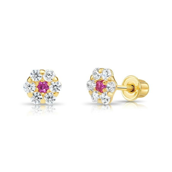 Tilo Jewelry 14K Yellow Gold Tiny Flower Stud Post Earrings with Pink CZ Birthstone | Secure Screw-backs | July-Ruby | Women & Unisex