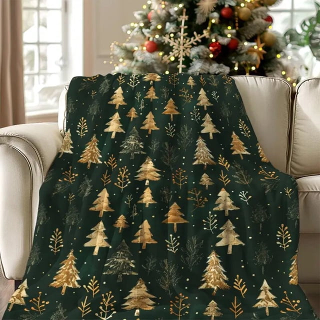 Couverture de Sofa Imprimée de Noël / Jeté en Molleton de Polyester Vert / Couverture Douce, Chaude et Confortable / Flanelle Durable Résistante aux Plis / Usage Intérieur Extérieur pour la Maison pendant les Fêtes 27.5x39 Po & 51x59 Po