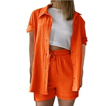 Fmbrln Womens Summer 2 Piece Sets Casual Turndown Collar Button Short Sleeve Shirts and Drawstring Elastic High Waist Shorts Sets Lounge Outfits Orange M
