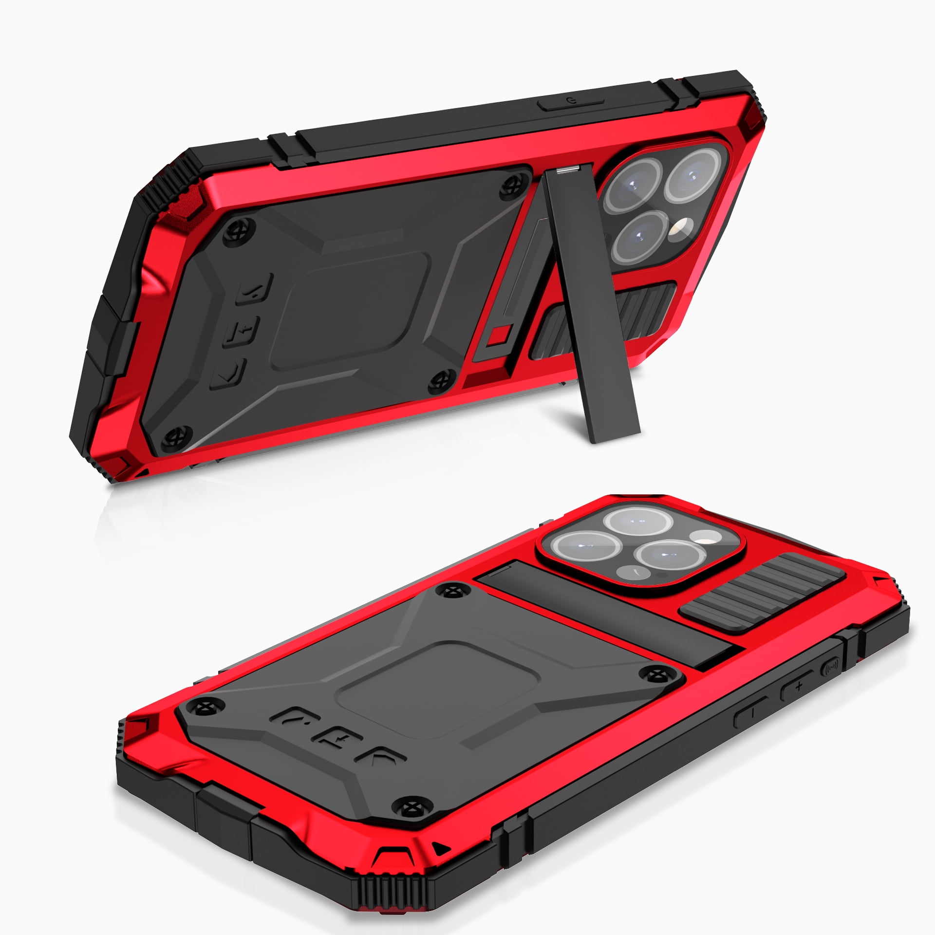 Dteck for iPhone 15 Pro Case,Outdoor Sports Military Heavy Duty Metal Cover Shockproof Dustproof Full Body Case with Built in Tempered Glass Screen Protector Hybrid Kickstand Cover,Red