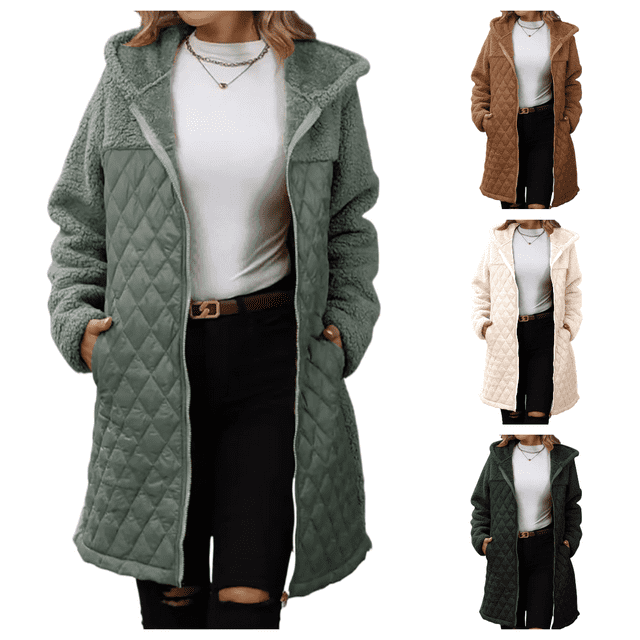 LOVZFMLL Jackets for Women Ladies' Trendy Solid Color Zipper Hooded Loose Medium Long Plush Jacket