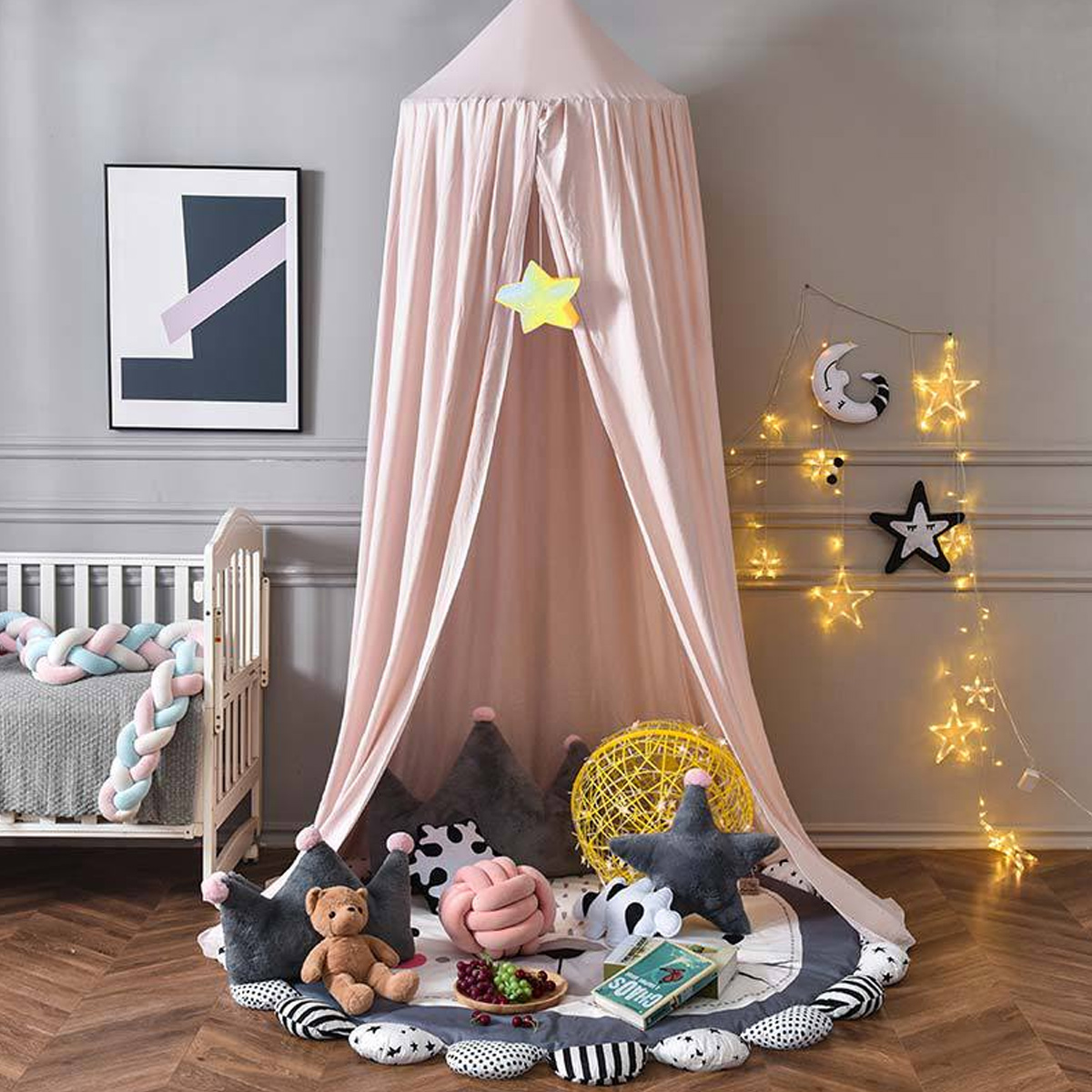 Bed Canopy for Girls, Soft Pink Princess Canopy for Girls Bed, Dreamy Decor Frills Bed Canopies for Kids Room, Hanging Canopy Bedding Drapes Toddler Reading Nook Play Tent