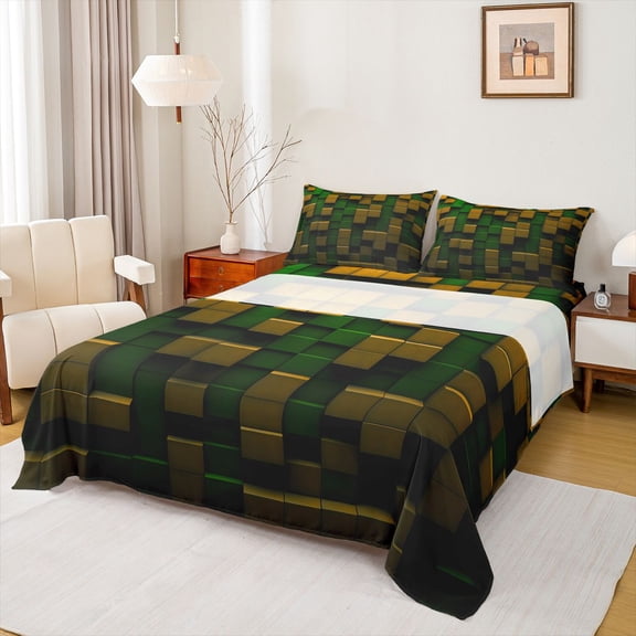 Feelyou Pixel Grid Miners Twin Sheet Sets, Video Games Plaid Lattice Twin Fitted Sheet, Modern Check Green Brown Flat Sheet, Ultra Soft Bedroom Decor, 3pcs