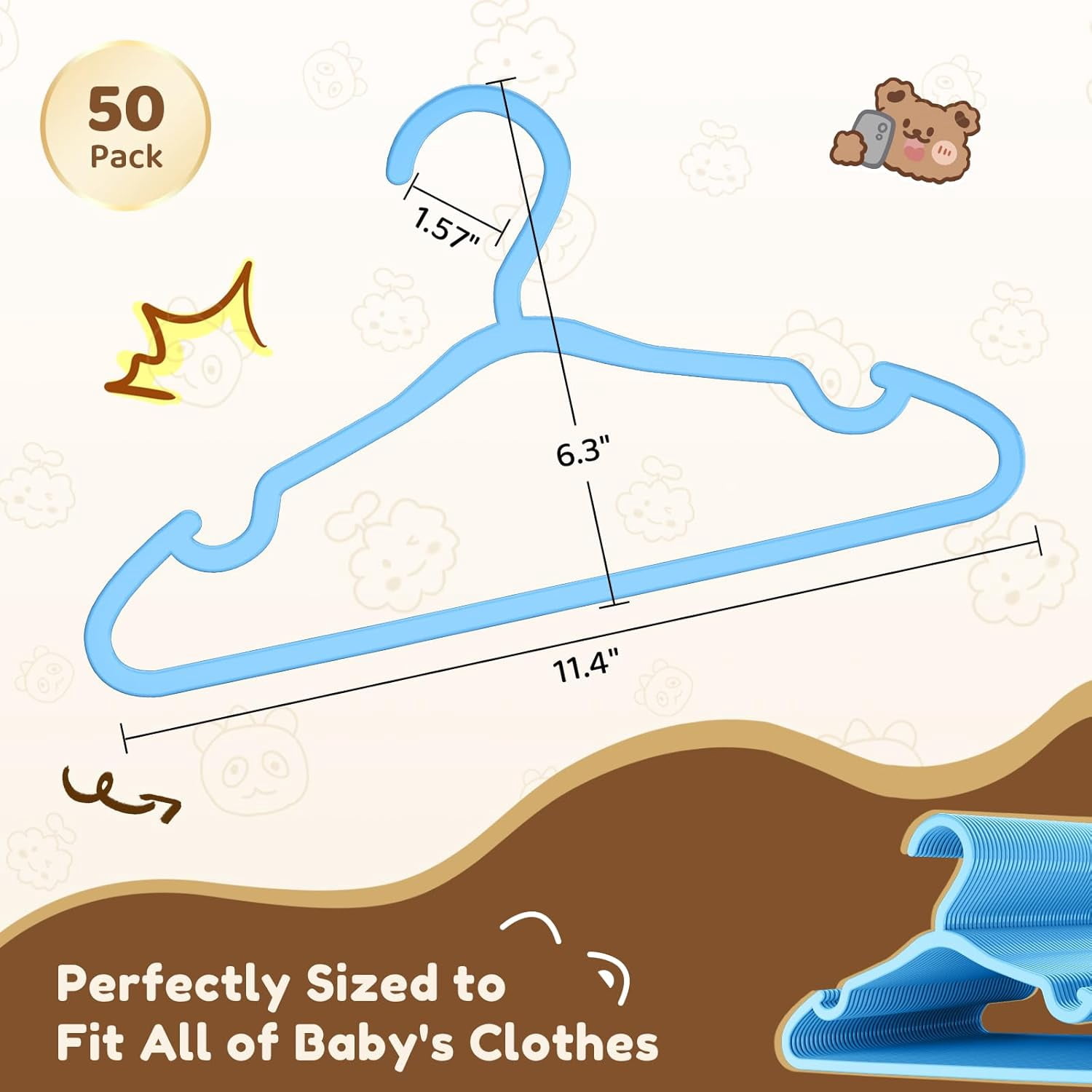 SHAANXIXIAN Plastic Kids Hangers - 50 Pack Non-Slip Baby Clothes Hangers for Closet, Toddler & Newborn Clothing Pants, Skirts, Coats (Blue)