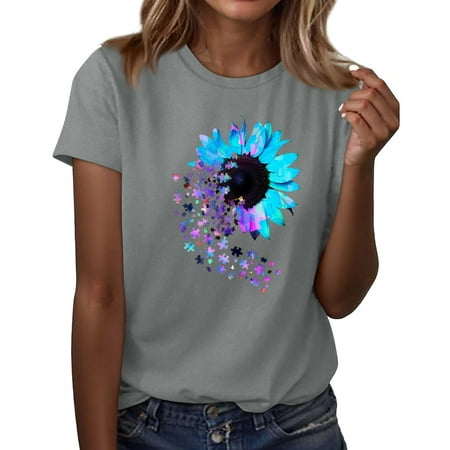 NAMTYQX Women s Blouses Stretch Crew Neck Plus Size Cool Tropischer Druck Graphic Hawaii Slack Short Sleeve Graphic Tees for Women Gray Size M