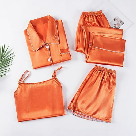 

TWIFER Sleepwear For Women Satin Pyjamas Short 4 Piece Pyjamas Short Sleeve Sleepwear And Shorts Set Women Sets Leisure Suit Loungewear SizeL Orange