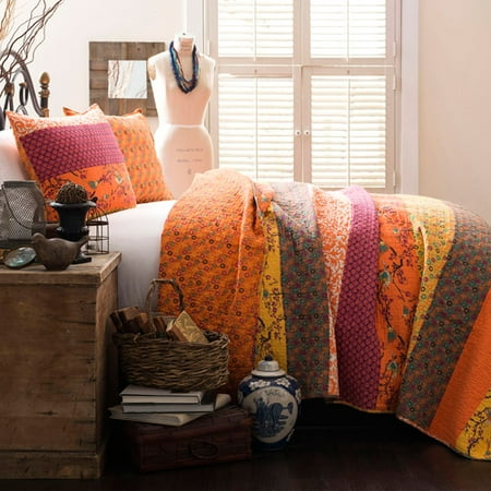 Lush Decor Royal Empire Stripe Cotton Reversible Quilt, King, Tangerine, 3-Pc Set
