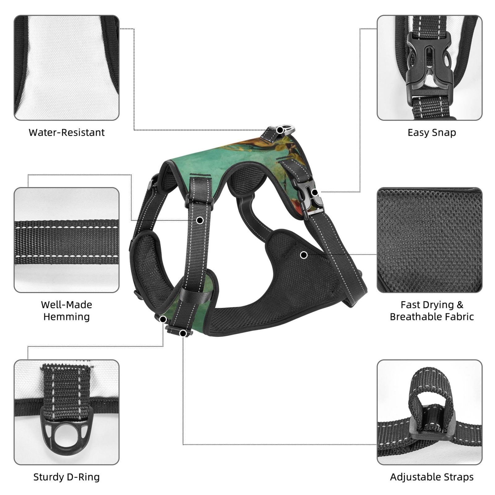 Kdxio Retro Birds Print No Pull Dog Harness Adjustable Reflective Oxford Easy Control Medium Large Dog Harness for Training and Everyday-Large
