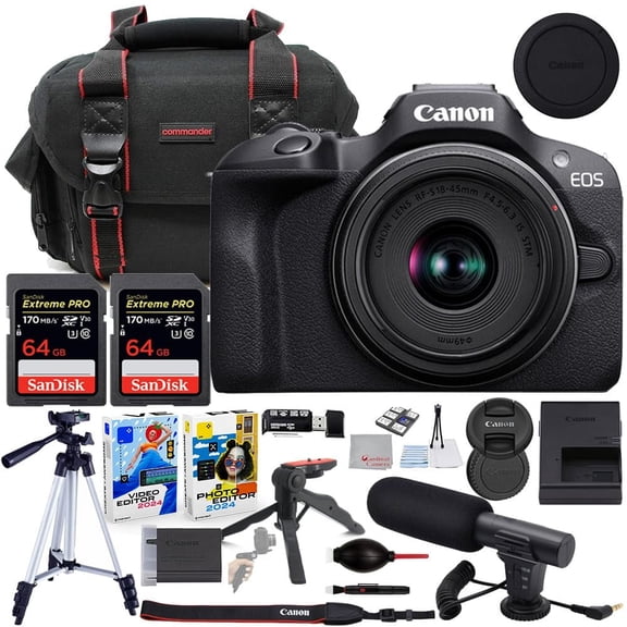 Canon EOS R100 Mirrorless Camera with 18-45mm Lens Bundle with Commander Gear Bag   Microphone   2X 64GB Extreme Memory Cards   Accessory Kit