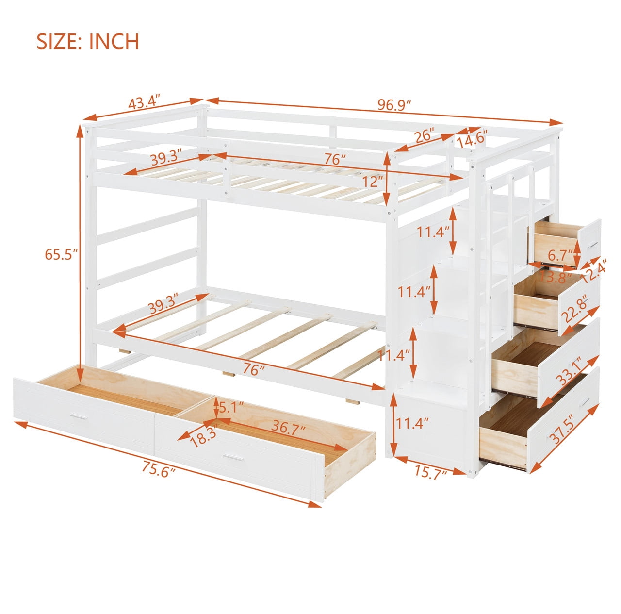 Twin Over Twin Kids/Teens Bunk Bed with Buit-In Staircase, Wooden Storage Bed Frame with 6 Drawers