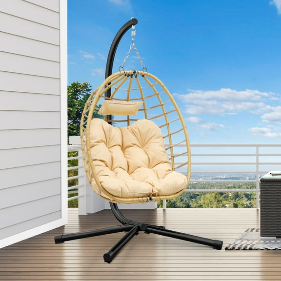 BNDFTF Teardrop Egg Chair with Stand & Cushion, Rattan Weave & Steel Frame Foldable Hanging Chair, 330lbs Capacity Beige for Patio/Balcony/Garden