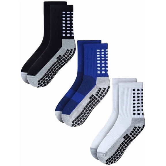 RATIVE Non-Slip Crew Socks with Grips for Adults, Men and Women, Large, Assorted Colors, 3 Pairs