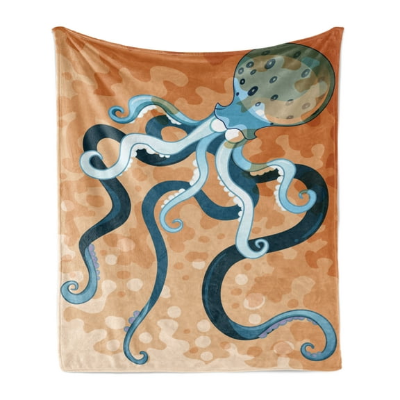 Octopus Soft Flannel Fleece Throw Blanket, Giant Cephalopod Legs Exotic Oceanic Animals Beast Wild Life Image Print, Cozy Plush for Indoor and Outdoor Use, 50" x 60", Orange Blue, by Ambesonne