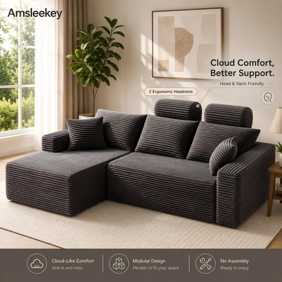 Amsleekey 96" L-Shaped Modular Sectional Sofa with Chaise, Cloud Couch with 2 Headrests, Deep Seat Corduroy Boneless Couch for Living Room