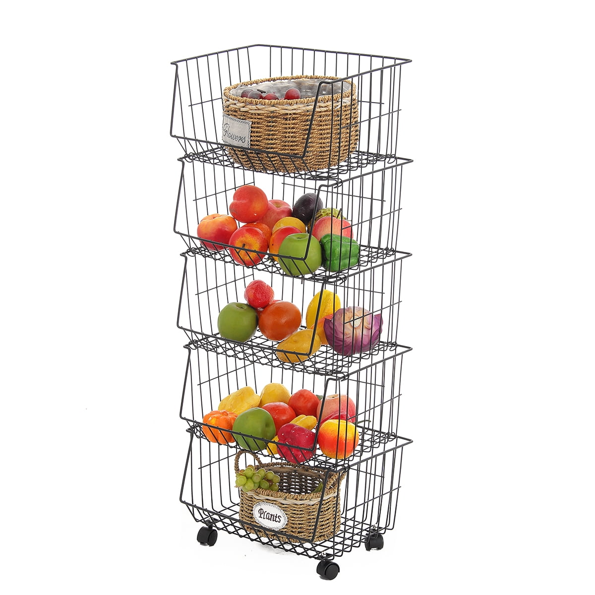 4 5 Tier Fruit Baskets On Wheels Market Basket Stand Rolling Stackable Baskets Metal Wire Basket With Wheels Stackable Storage Bins For Kitchen Living Room Bedroom And Bathroom Walmart Com Walmart Com