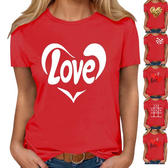 Gamivast Valentines Day Tops for Women Cute Heart Print Short Sleeve Thsirts Casual Trendy Crew Neck Streetwear Blouse Holiday Outfits 2026