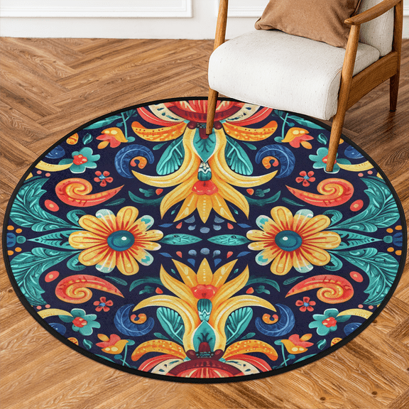 CURLYOOT Round Rug 3ft Mexican Birds Area Rug, Washable Circle Mat Non Slip Floor Carpet Mat, Colorful Flowers Soft Indoor Rugs for Entryway Living Room Dining Room Bedroom
