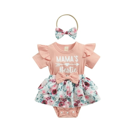 

Bagilaanoe Newborn Baby Girl Rompers Dress Letter Floral Print Short Sleeve Bodysuit + Headband 6M 12M 18M 24M Infant Ruffle Tutu Playsuits