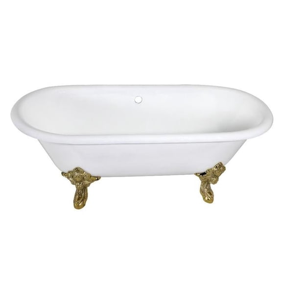 Traditional 72 in. Cast Iron Double Ended Clawfoot Tub with Feet No Drillings - White & Polished Brass