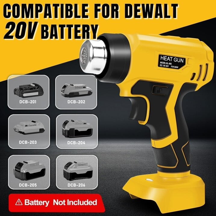 360W Cordless Heat Gun Compatible with DeWalt 20V Max Battery, Adjustable Temperature Hot Air Gun with 4 Nozzles, Portable Heat Gun for Shrink Wrap, PVC, Paint Removal (Tool Only)