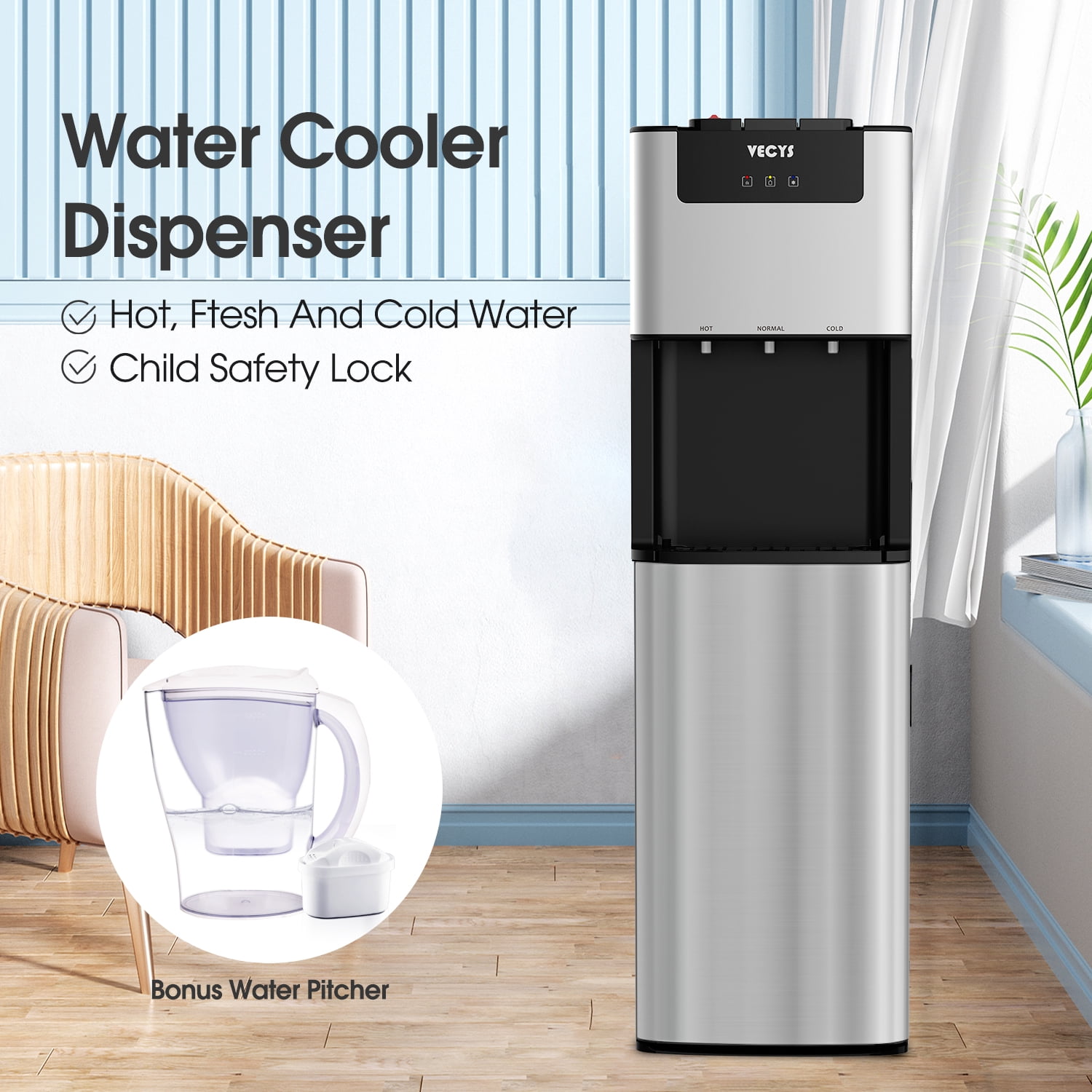 VECYS Self-cleaning Bottom Load 3 5 gal Water Dispenser with Pitcher, Child Safety Lock