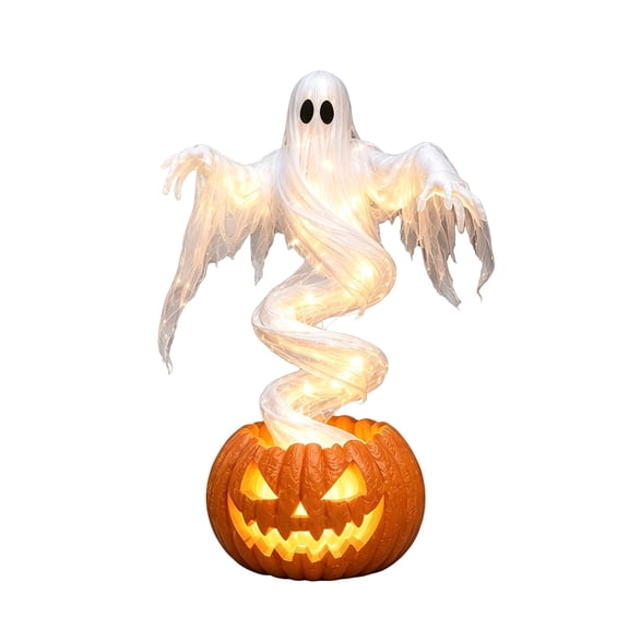 JWZZYD Swirling Ghost Pumpkin Yard Lamp, Lighted Spooky Ghost Statue with Warm LED Lights, Outdoor Porch Pathway Decor, Fall Garden Lawn Ornament for Halloween Party
