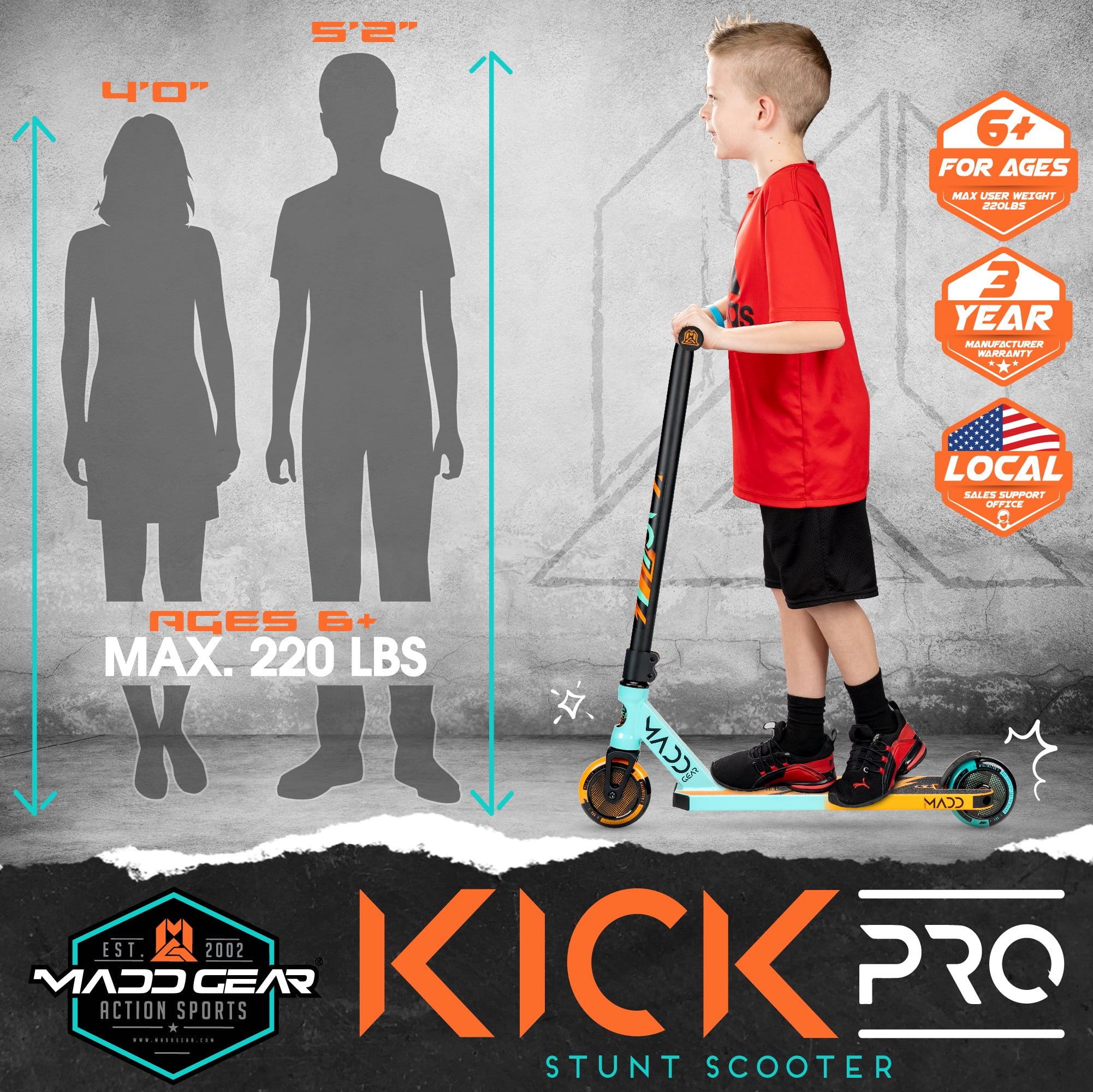 Madd Gear Kick Pro Stunt Scooter for Ages 6 + Strong Aluminum 5" Wide Lightweight Deck - Designed for Skatepark Use