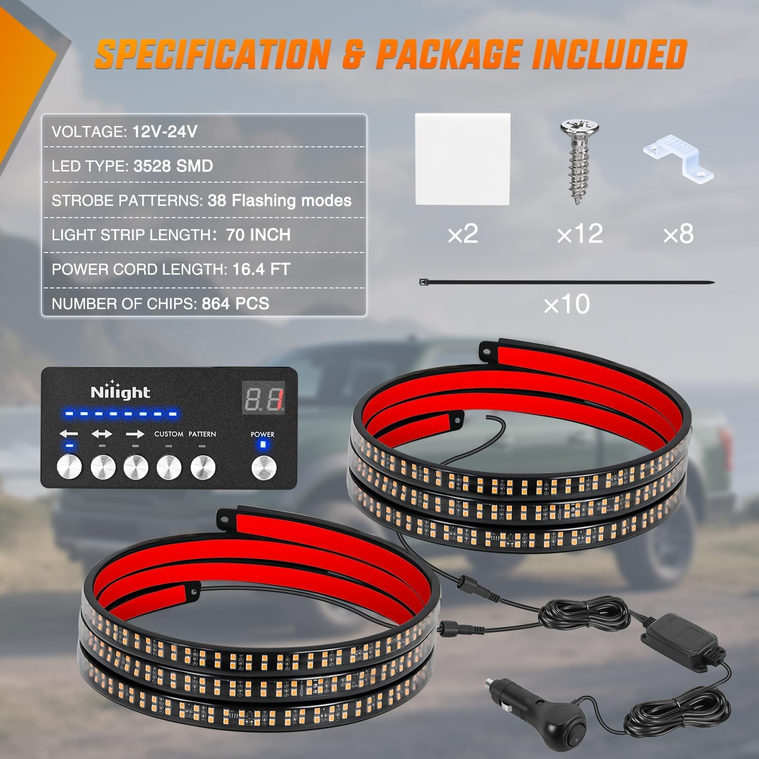 Nilight 2PCS 70 Inch Amber LED Running Board Lights with Control Panel, Flexible Side Warning Lighting for Work Trucks
