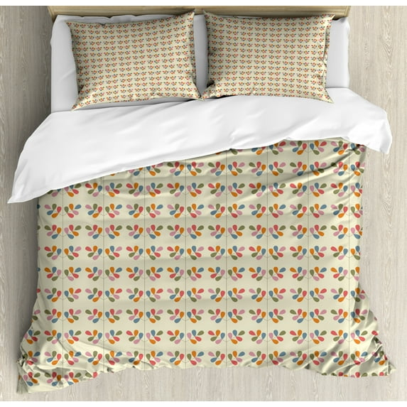 Botanical Duvet Cover Set Queen Size, Colorful Leaves Pattern in Symmetrical Design Retro Floral Motifs, Decorative 3 Piece Bedding Set with 2 Pillow Shams, Eggshell and Multicolor, by Ambesonne