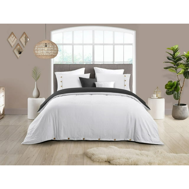Reversible Natural Crinkle Fabric Ultra Soft Solid Duvet Cover Set - Beautiful Button Closure