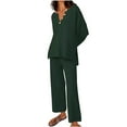 thumbnail image 3 of Scyoekwg Casual 2 Piece Sets For Women Button Long Sleeve Tops Wide Leg Pants Two Piece Set Matching Outfits Fashion Outfits Sets (Green,XL), 3 of 5