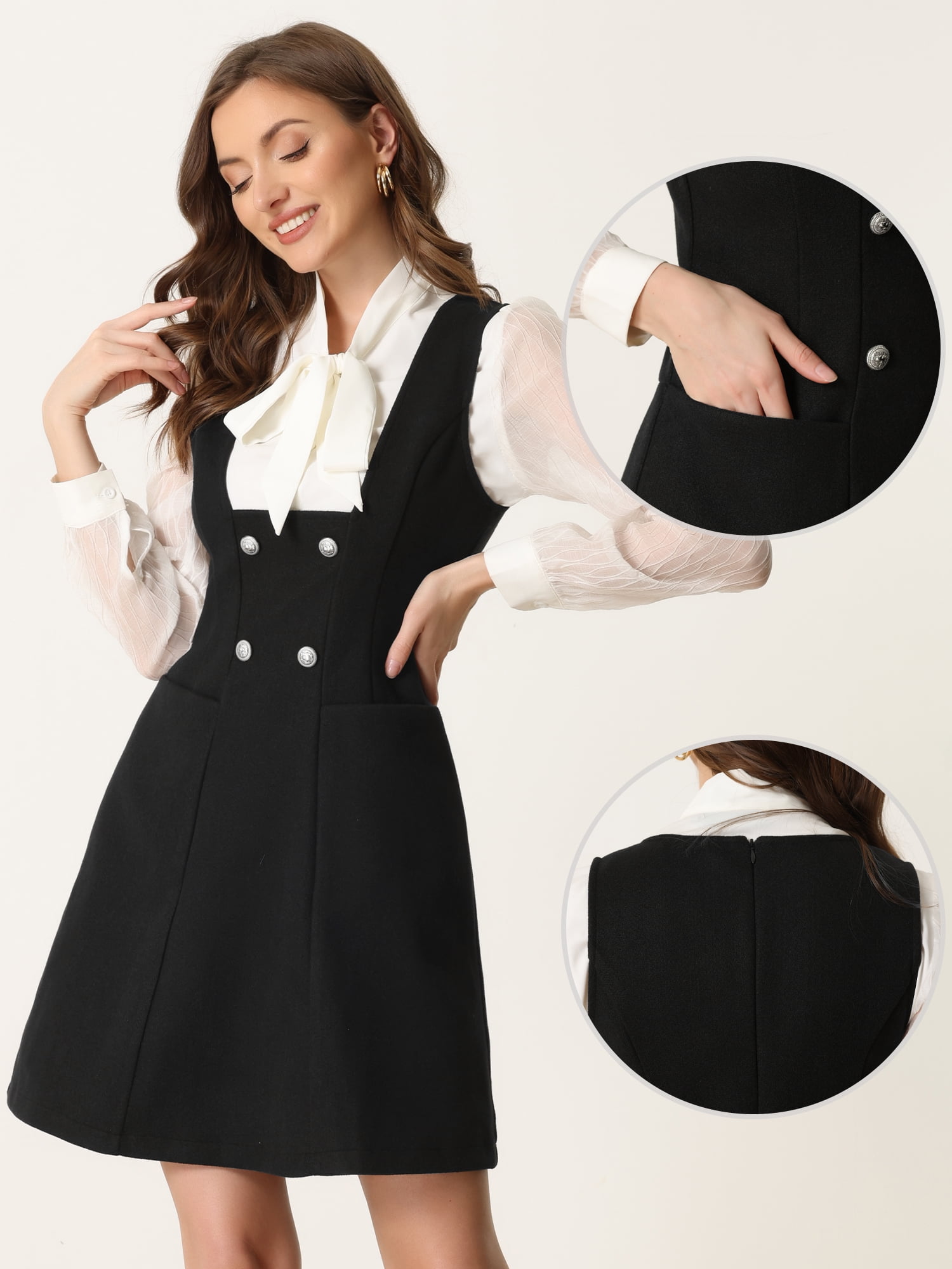 DARING DIVA Pinafore A-Line Double Breasted Overalls Suspenders M Black