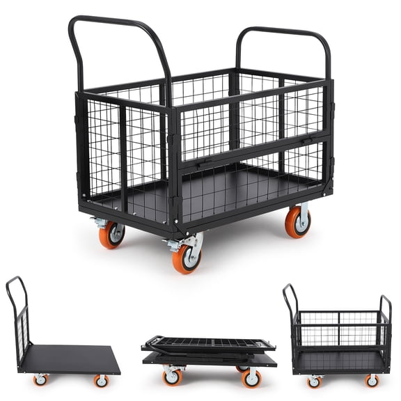 Mescukay Platform Truck Cart with Cage, 6-in-1 Multi-Purpose Flatbed Cart, Folding Hand Truck 1800LBS Load Capacity, with 4 Wheels Push Dolly for Grocery, Laundry, Garage, Warehouse