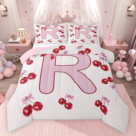 Feelyou Princess Monogrammed R Bedding Comforter Set Fashion Ribbon Cherry Twin Comforter Sets Teens Kids Girls Women Reversible Bedding Set Breathable Home Decor 2-Piece