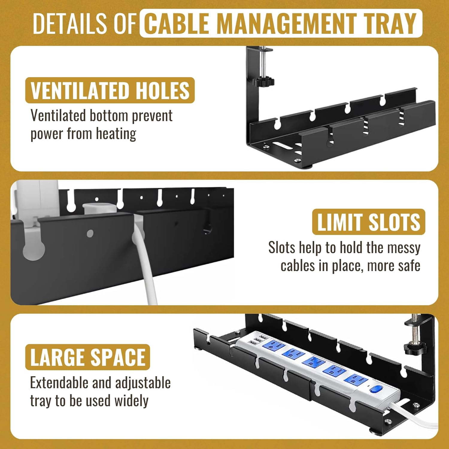 Premium Under Desk Cable Management Tray - Set of 2 - No Drill Under Desk Wire Management with Upgraded Clamp, Metal Cord Cable Organizer for Desks, PC Cable Management Rack – Black