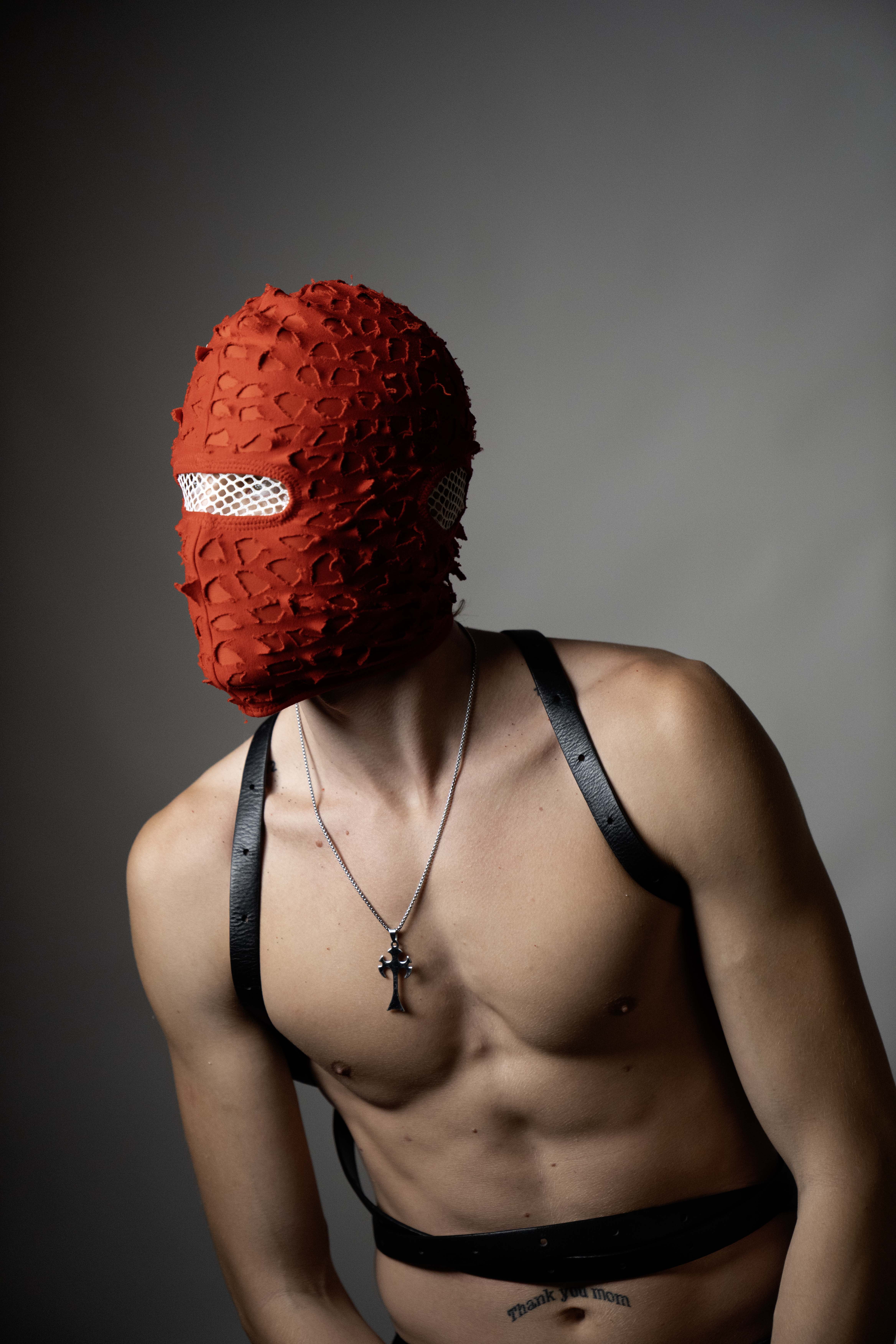Handmade balaclava ski mask, tatty and shabby, ragged tattered design Fragmented cotton unisex for all ages winter cold indoor and outdoor