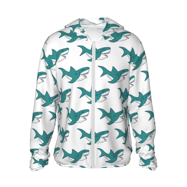 Balery Cartoon Shark Sudadera ligera de manga larga con capucha y protección solar UPF 50+ para hombre y mujer, ideal para pesca y running-XX-Large