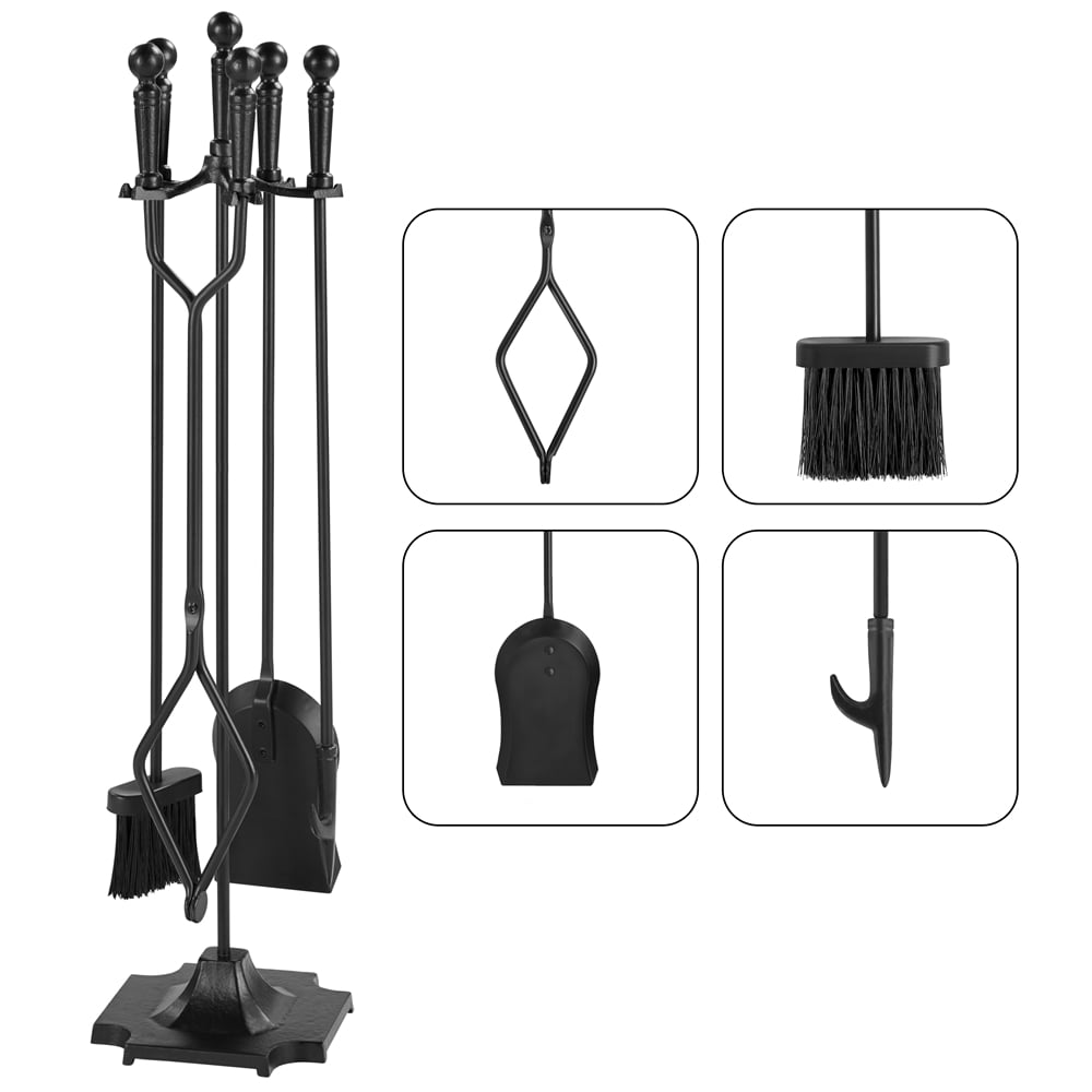 Topeakmart 5 Pieces Fireplace Steel Tools Sets with Tong, Poker, Broom