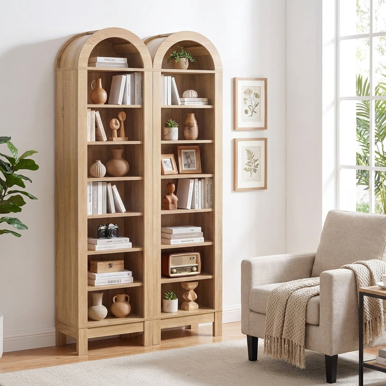 Furnibear 8-Tier Modern Arch Bookshelf with 3 Adjustable Shelves for Living Room Home Office Bedroom Display Storage Shelf, Natural